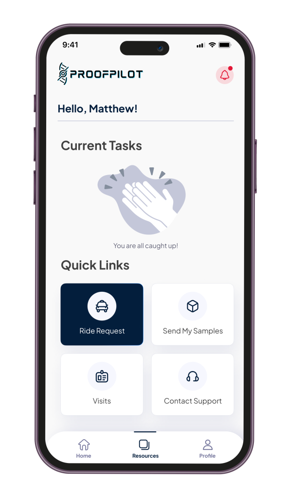 ProofPilot platform patient Quick Links and Resources mobile view